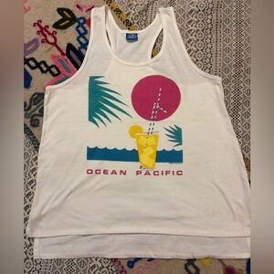 Vintage Ocean Pacific White Tank Top with Pink and Yellow Graphic.